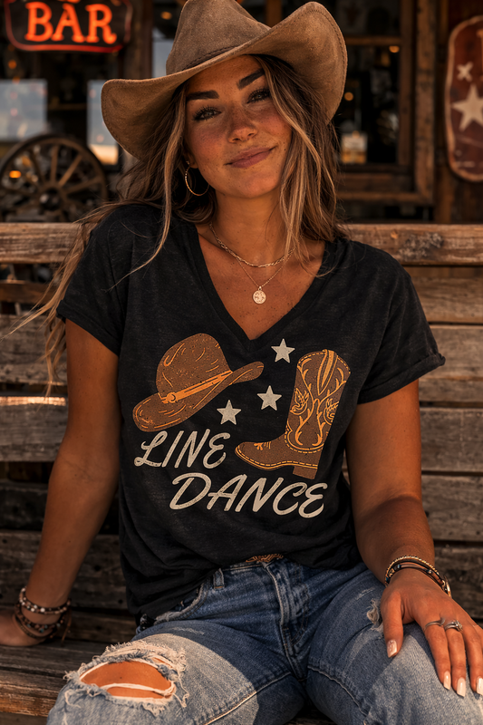 Line Dance Western Cowboyhut & Boot - Ladies V-Neck Shirt